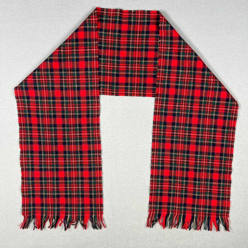 VTG Pendleton Tartan Plaid Wool Scarf Red Green Black Fringe 1970s‎ Made in USA